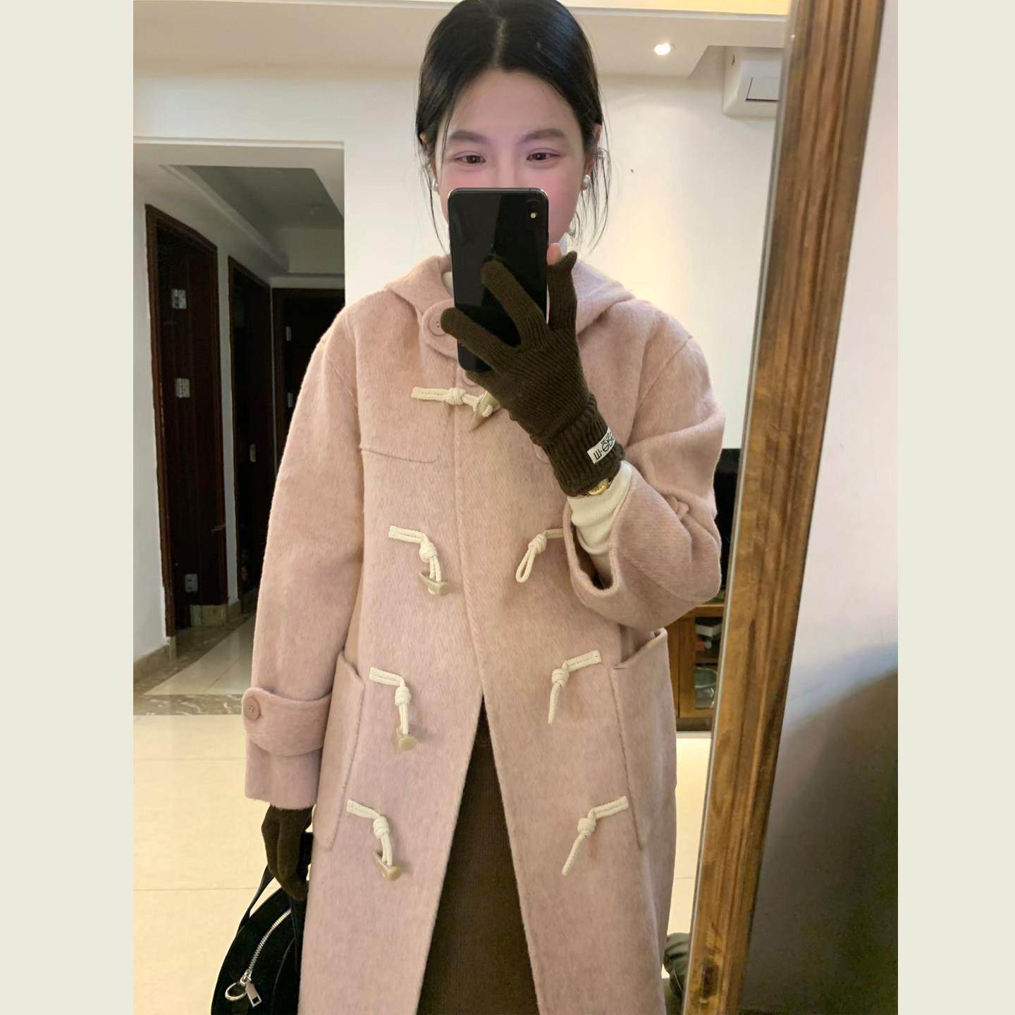 甜美粉色翻领牛角扣毛呢外套女秋冬季小个子减龄中长款呢子大衣,运动/瑜伽/健身/球迷用品,广场舞套装,淘宝优惠券,粉丝福利购,淘宝优惠卷