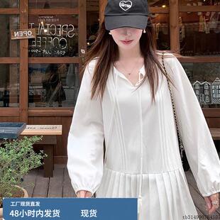 法式温柔风白色长袖衬衫连衣裙女设计感小众气质宽松百褶短裙秋季