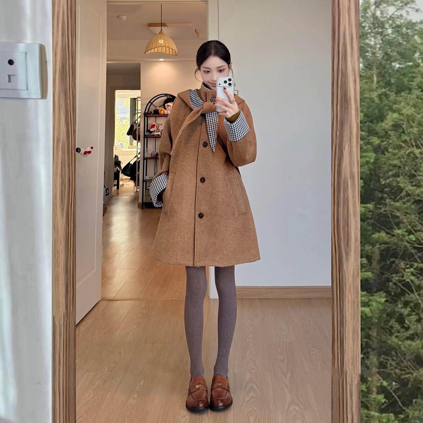 复古棕色格纹拼接连帽毛呢大衣女秋冬季小个子中长款休闲呢子外套,运动/瑜伽/健身/球迷用品,广场舞套装,淘宝优惠券,粉丝福利购,淘宝优惠卷