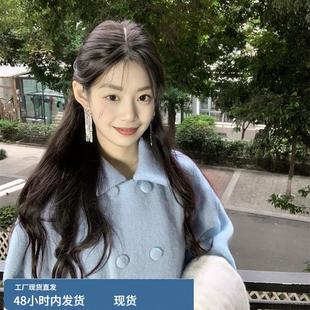 日剧初恋蓝千金风高级感长款毛呢外套女2025秋季时尚气质呢子大衣