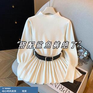 半高领中长款针织打底衫女冬季皮草内搭毛衣灯笼袖遮屁股收腰上衣