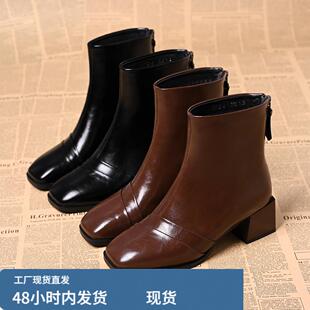 秋冬时尚短靴后拉炼粗跟中跟复古方头及踝靴法式百搭气质瘦瘦靴