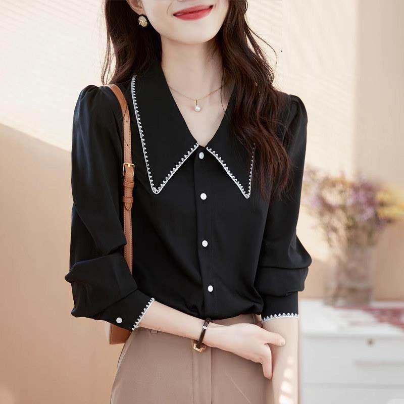 娃娃领长袖黑色雪纺衬衫女士春秋冬款高级感欧货小衫洋气职业上衣