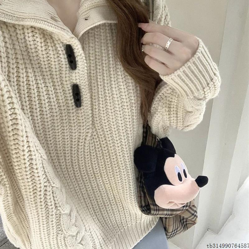 小个子法式覆古翻领麻花毛衣女宽松慵懒高级感套头针织衫上衣秋季