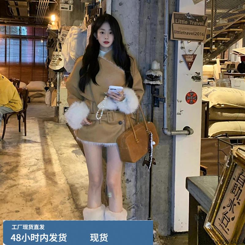 美拉德风设计感卡其色皮草毛呢外套女2025冬季加厚保暖呢子大衣潮