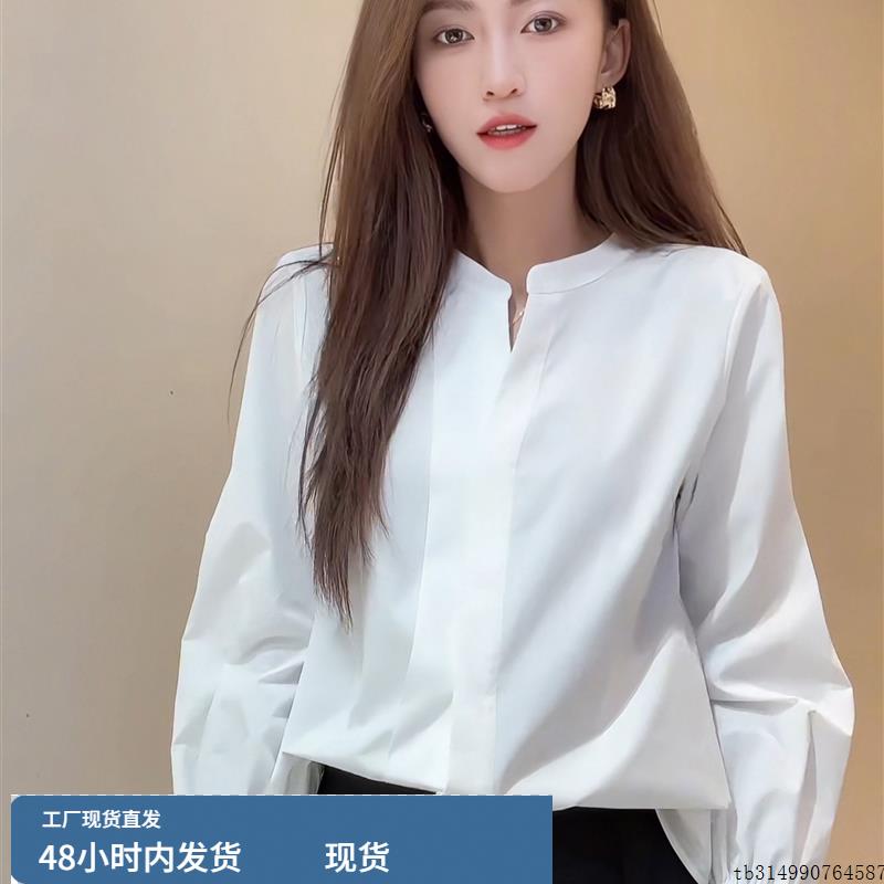 2025春季新款简约风白色V领长袖衬衫宽松百搭通勤设计感气质上衣