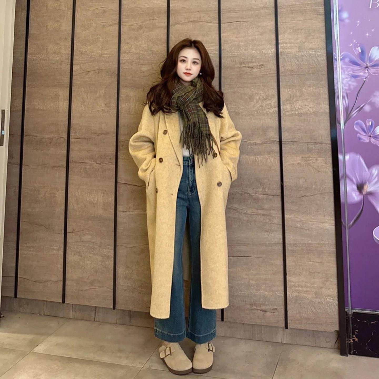 韩系通勤黄色双排扣毛呢外套女秋冬季简约气质显瘦中长款呢子大衣,运动/瑜伽/健身/球迷用品,广场舞套装,淘宝优惠券,粉丝福利购,淘宝优惠卷