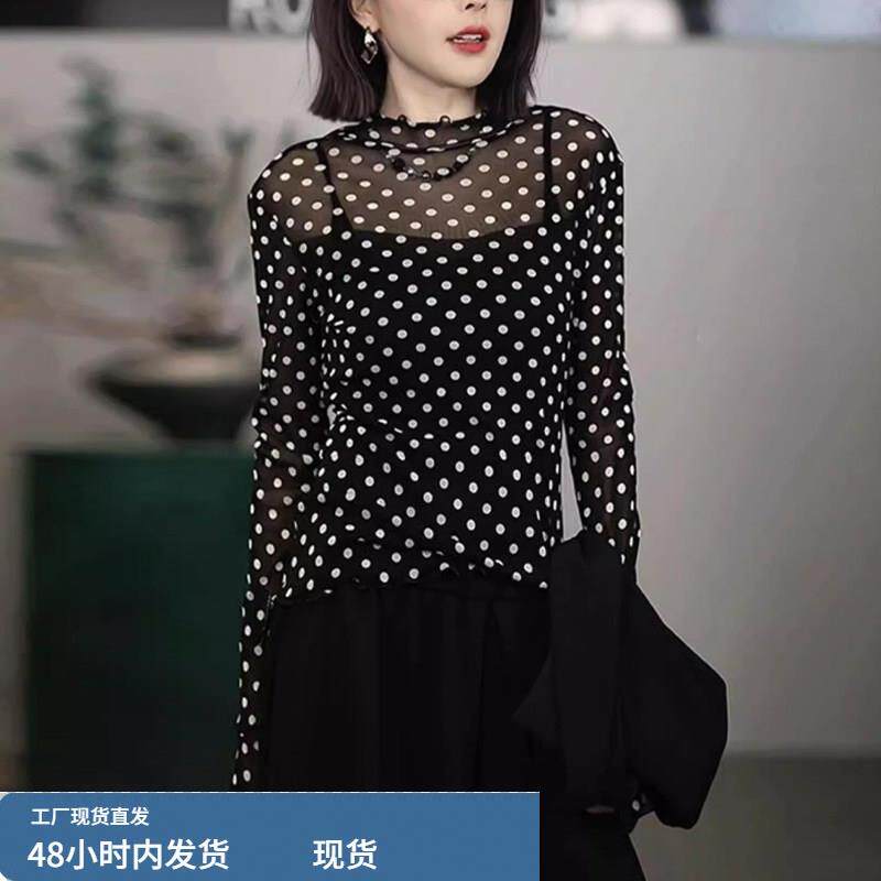 黑色波点网纱长袖t恤女士2026夏季新款洋气修身显瘦百搭微透上衣