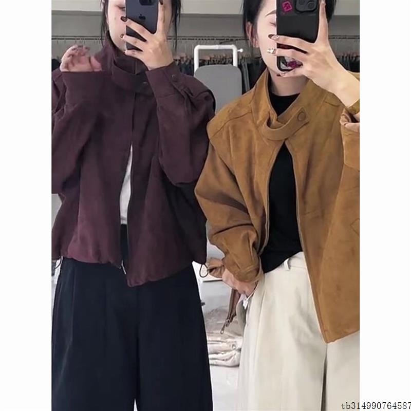 韩系复古风短款棕色外套女2025秋季新款立领拉链显瘦百搭口袋上衣