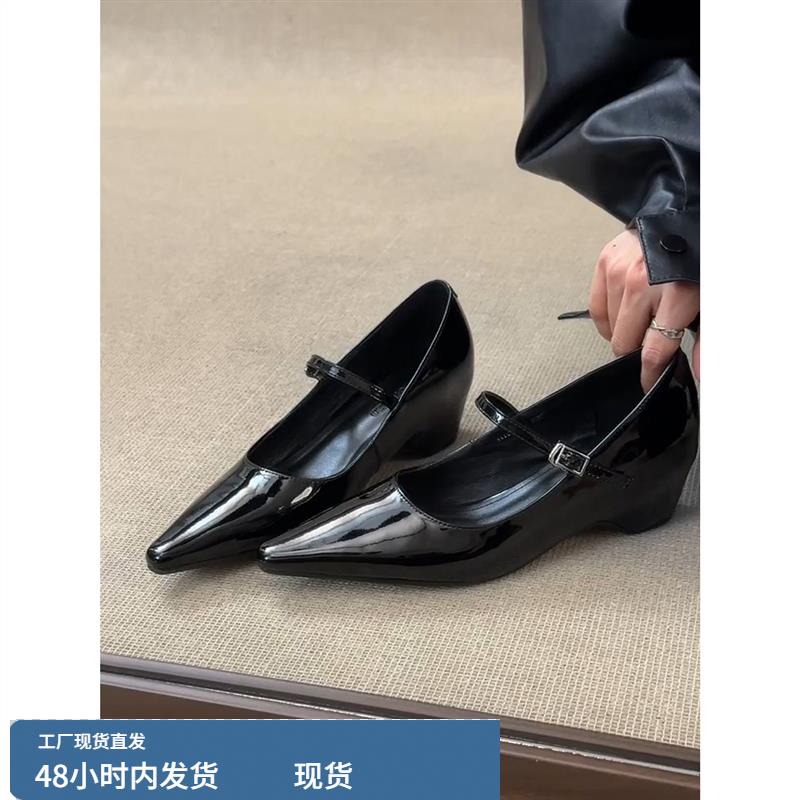 羊皮版~内增高复古玛丽珍女鞋浅口通勤一字扣带尖头法式气质单鞋