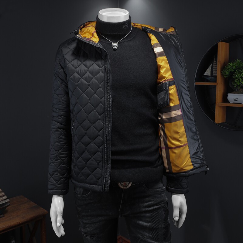 2025秋冬男士菱格轻薄款修身连帽棉衣外套棉服6015-9906-P135卡其,男装棉衣,钱塘6015（原D203）