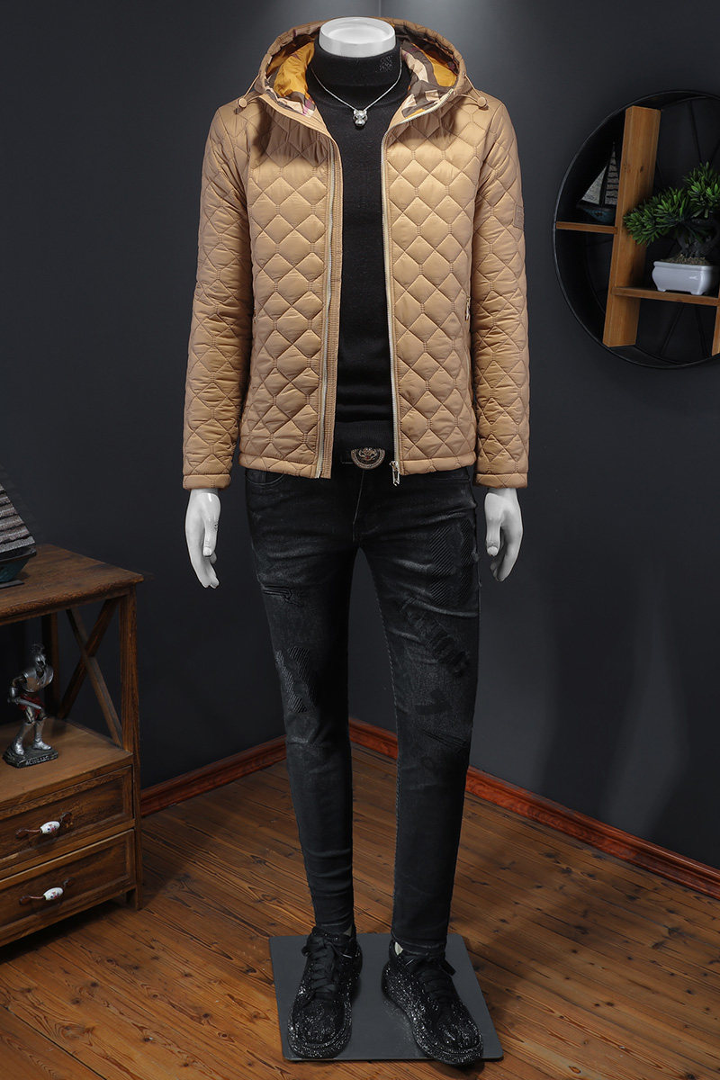 2025秋冬男士菱格轻薄款修身连帽棉衣外套棉服6015-9906-P135卡其,男装棉衣,钱塘6015（原D203）