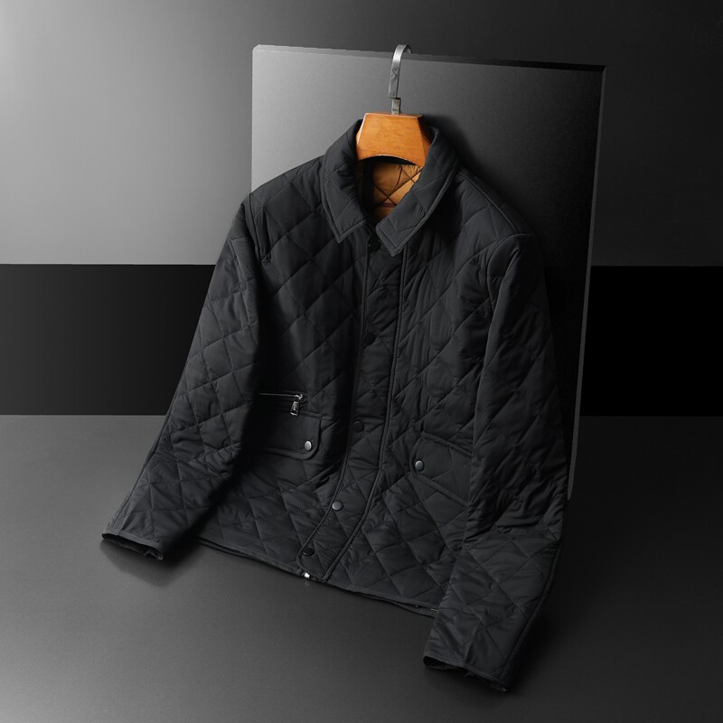 2025秋冬男士修身衬衫菱格翻领棉衣外套棉服6015-9901-P240黑底,男装衬衫,钱塘6015（原D203）
