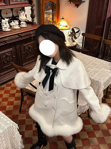 千金公主米白色中长款毛呢大衣女2023冬季新款高级感甜美毛绒外套