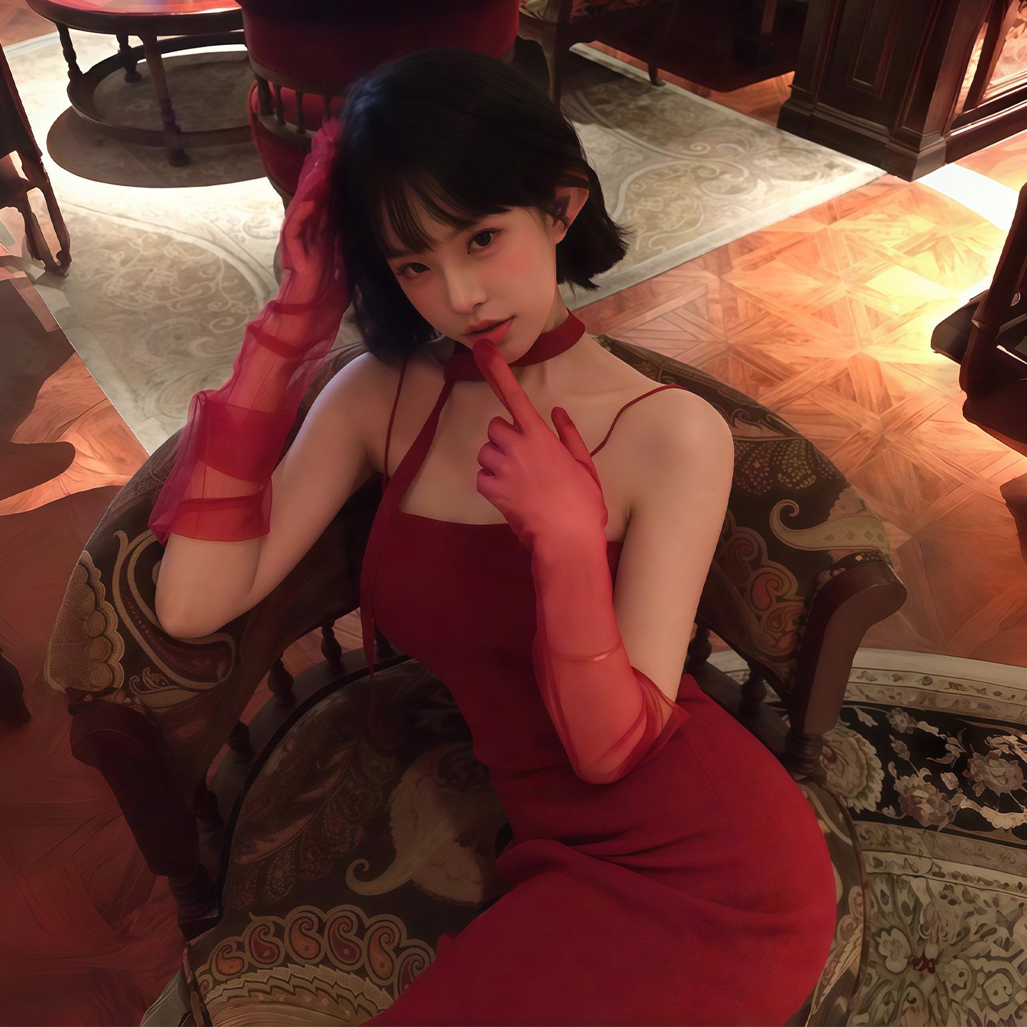 万圣节红色超薄网纱手套女cos装扮道具性感辣妹长款袖套拍照配饰