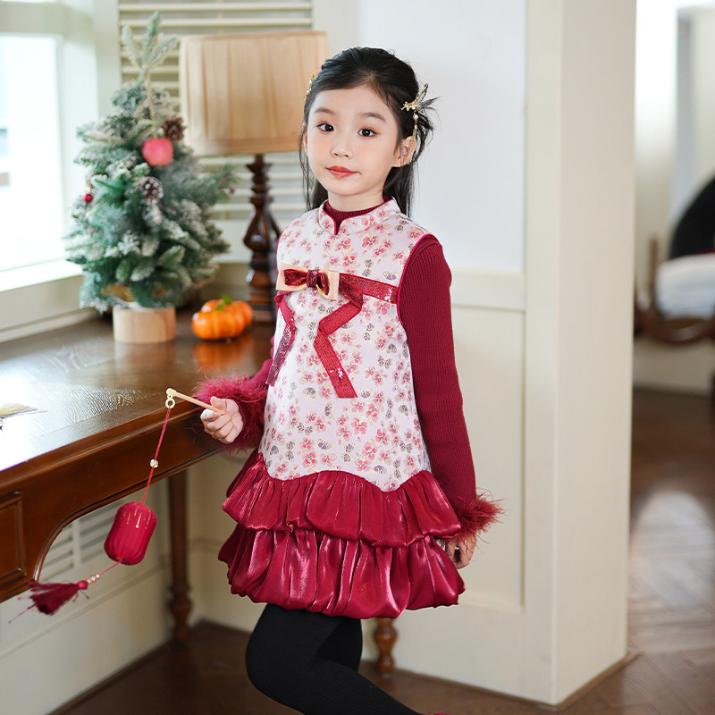 D253130女童连衣裙2025冬装新中式旗袍马甲夹棉裙子儿童拜年服