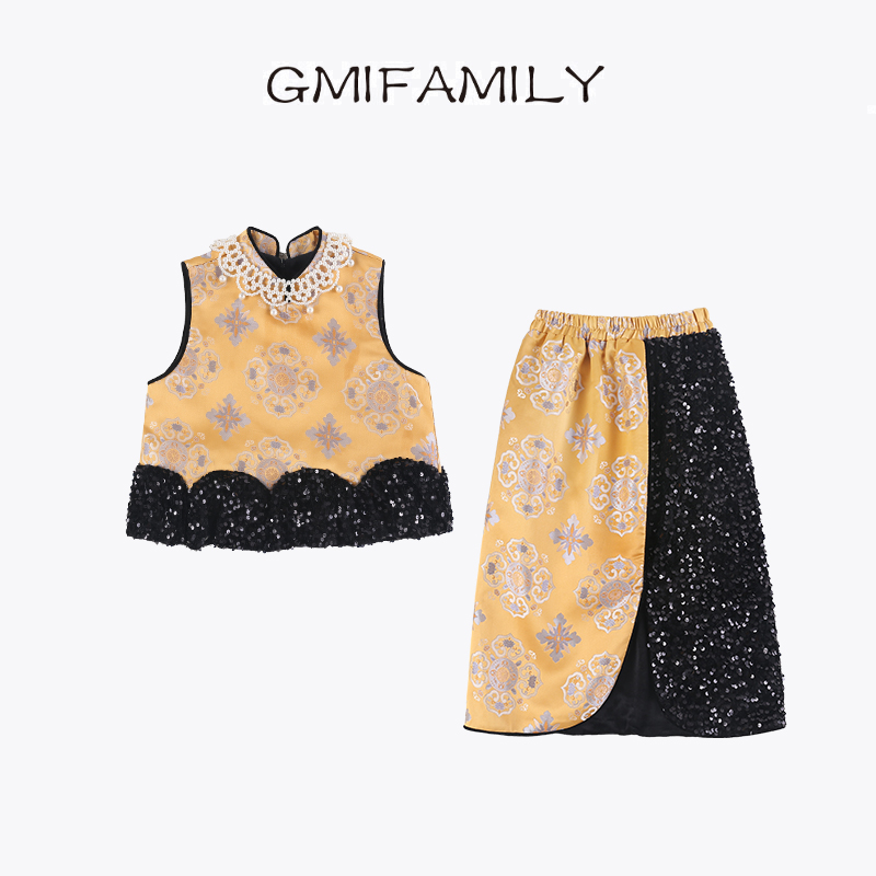 0769964女童汉服套装国风新中式马甲亮片拼接半身裙25年新款唐装