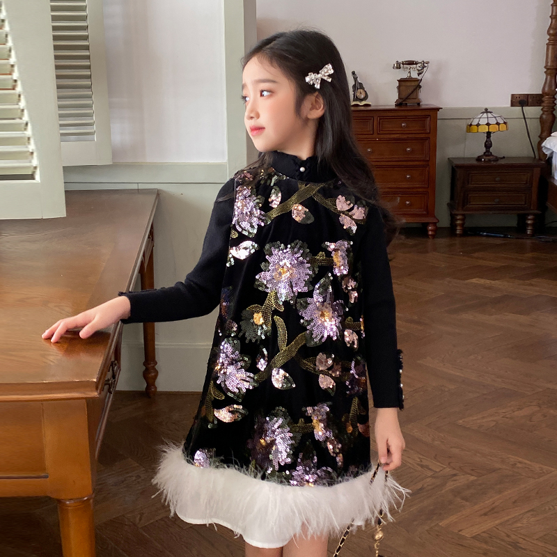 女童复古背心裙亮片刺绣连衣裙2025冬季新款小女孩洋气公主礼服裙