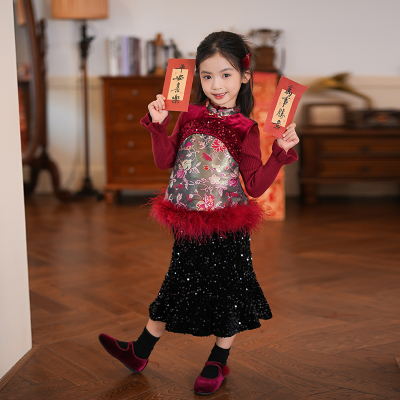 53999女童拜年服新年衣服国风马甲冬装2025新款汉服女孩唐装背心
