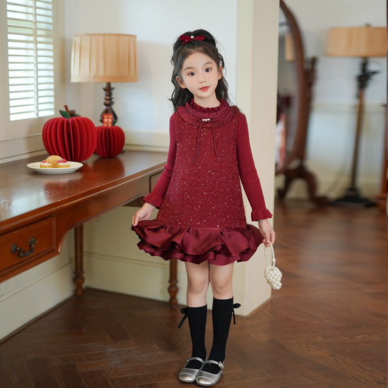 53422M女童连衣裙2025冬季新款亮片洋气保暖拜年服圣诞新年服裙子