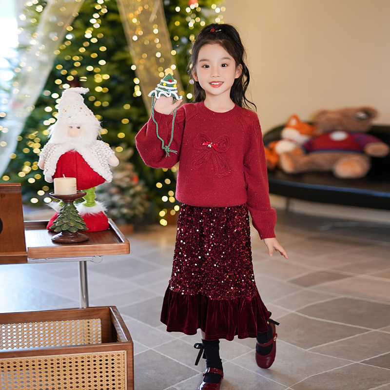 0769946女童蝴蝶结毛衣红色圣诞拜年服2025冬季洋气小女孩针织衫