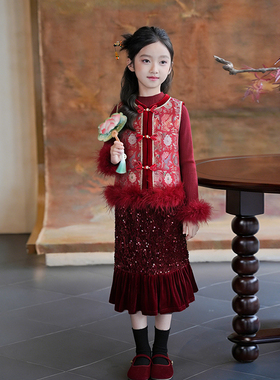 80957女童汉服套装2025冬季新款拜冬年服喜庆风儿童过年衣服唐装
