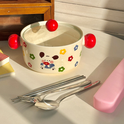 Cute Pacha Dog Instant Noodles Bowl with Lid Spoon, Ceramic Bowl, High Appearance Snail Noodle Bowl, Student Dormitory