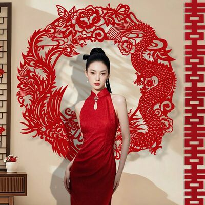 Paper Cuttings Chinese style super large dragon and phoenix wedding special wedding room layout wedding decoration brid