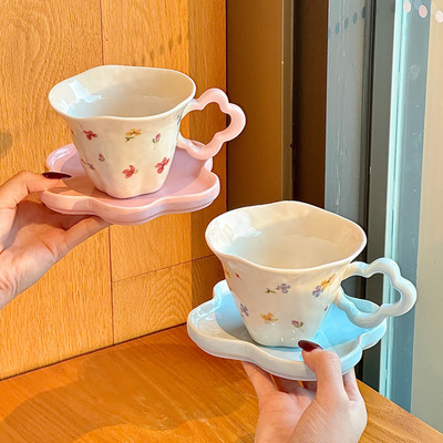 Underglaze colored coffee cup and dish set, high aesthetic women's ceramic afternoon tea cup, high-end and exquisite gi