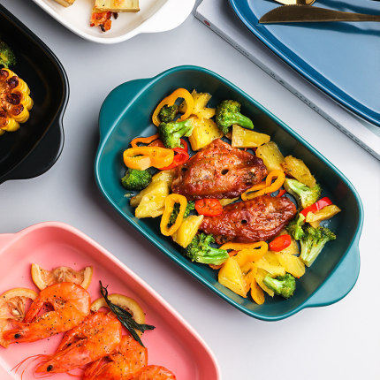 Creative plates, baked rice baking trays, ovens, bowls, ceramic tableware, household double ear colored glazed Nordic b