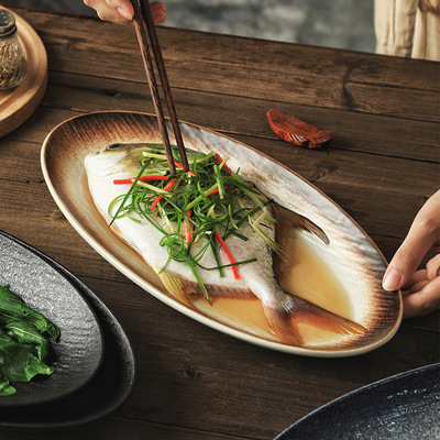 Japanese style fish dish, household ceramic tableware, vegetable dish, oval dish, steamed fish dish, creative large ste