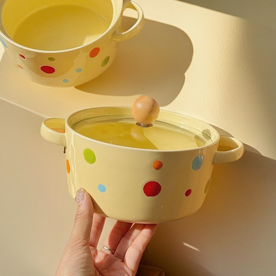 Colorful dot bubble noodle bowl with two ears and cover underglaze color ceramic wordy Luosifen bowl lovely dormitory i