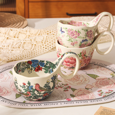Vintage American style song with cup and spoon, Morris ceramic mug, high aesthetic coffee cup, plate, breakfast oatmeal