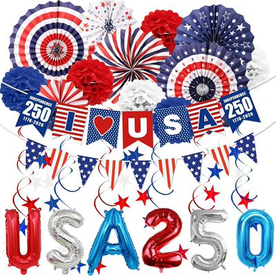 American Independence Day paper fan flag paper flower spiral set red, white, and blue themed party decoration and decor
