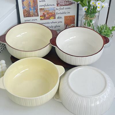 Double ear ceramic large capacity soup bowl Simple household soup bowl Thickened underglaze color anti scalding pickled