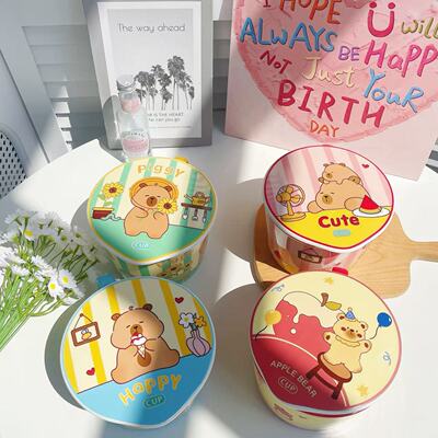 New product: Kapibala instant noodle bowl with lid, cute dormitory with student ceramic noodles, breakfast cereal bowl