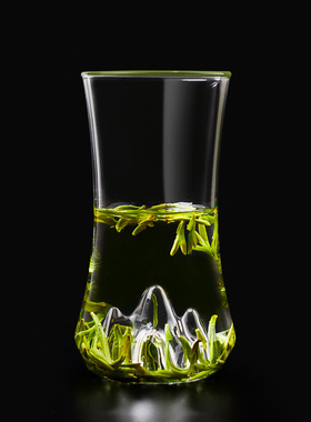 空盒子玻璃杯绿茶杯 加厚耐热透明喝水杯子 家用创意山峰泡茶杯
