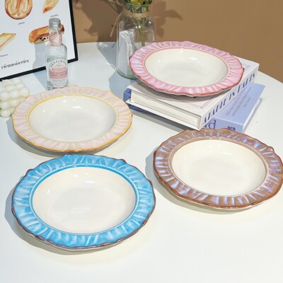 Kiln style skirt edge plate, gradient ceramic lace, household plate, simple and high aesthetic tableware, underglaze co