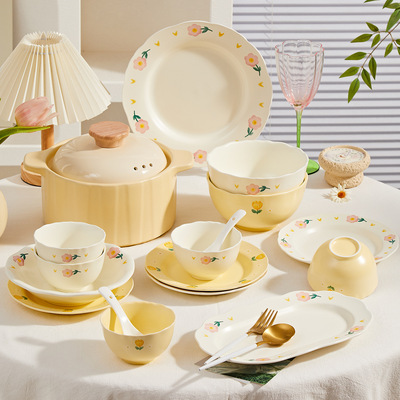 Cream style underglaze color high aesthetic household dish set, ceramic tableware dish set, housewarming gift