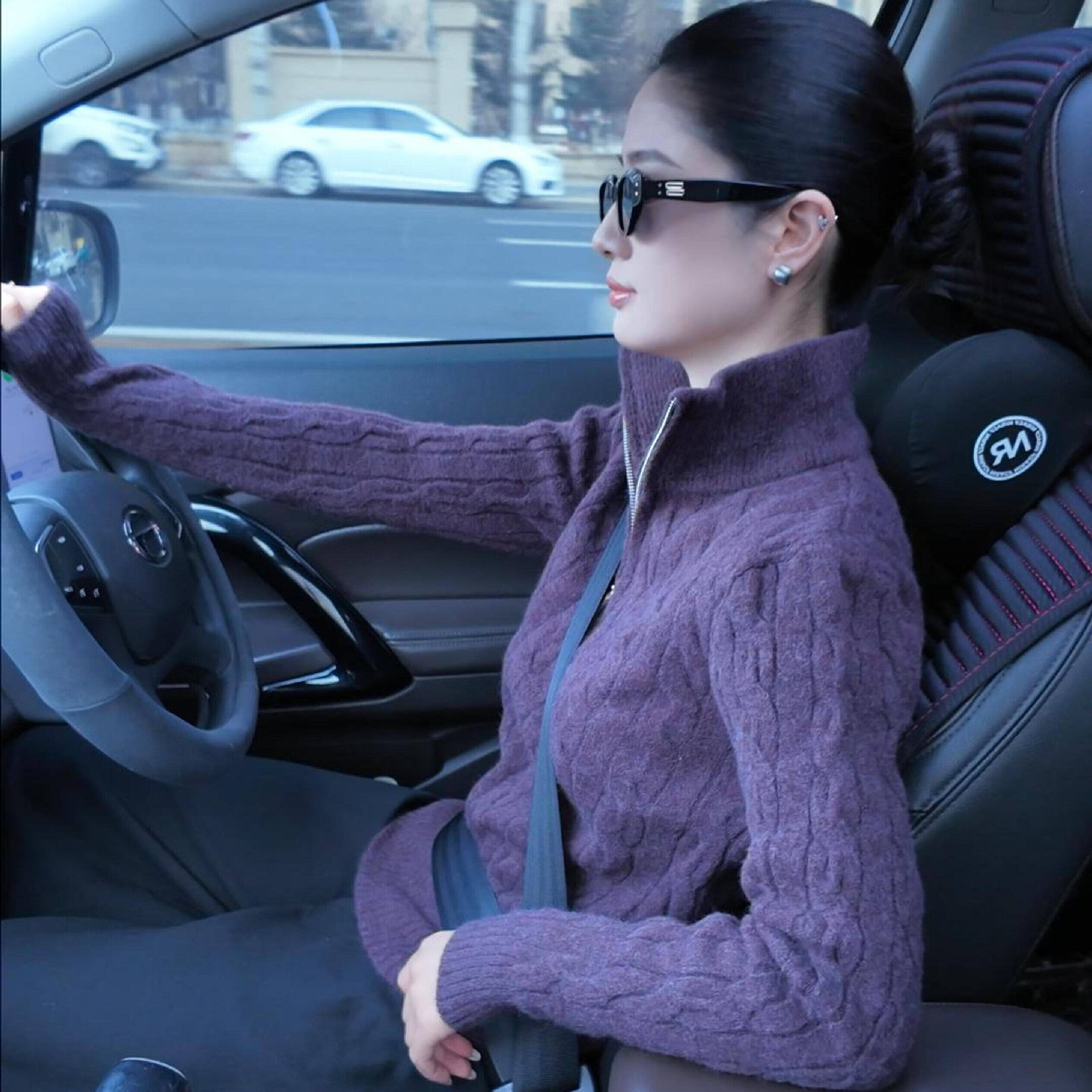 老钱风半拉链翻麻花毛衣女可外穿内搭紫色修身秋冬慵懒针织衫上衣