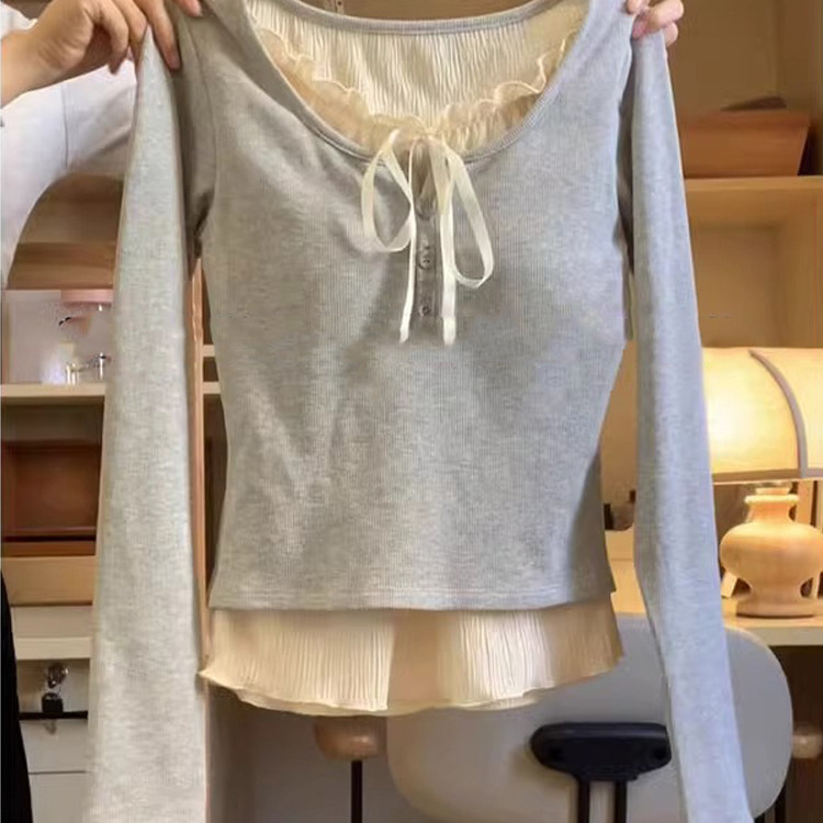 假两件木耳边长袖t恤女秋冬内搭打底设计感短款修身辣妹纯欲上衣