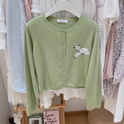 显白 韩国东大门可爱小羊提花宽松全羊毛针织衫女秋开衫外套
