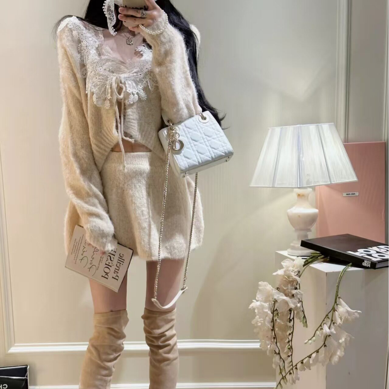 小雨姐姐朵蒂套装温柔V领花边系绳上衣短裙套装加安全短裤女