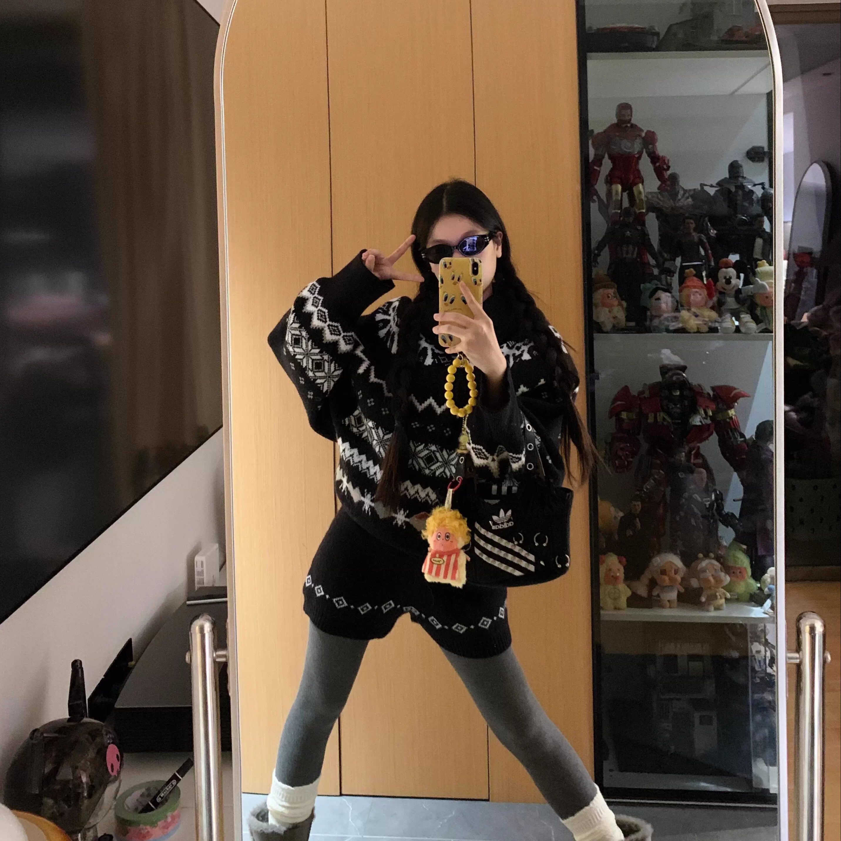 美式复古费尔岛提花高领针织毛衣女秋冬慵懒宽松加厚上衣短裤套装