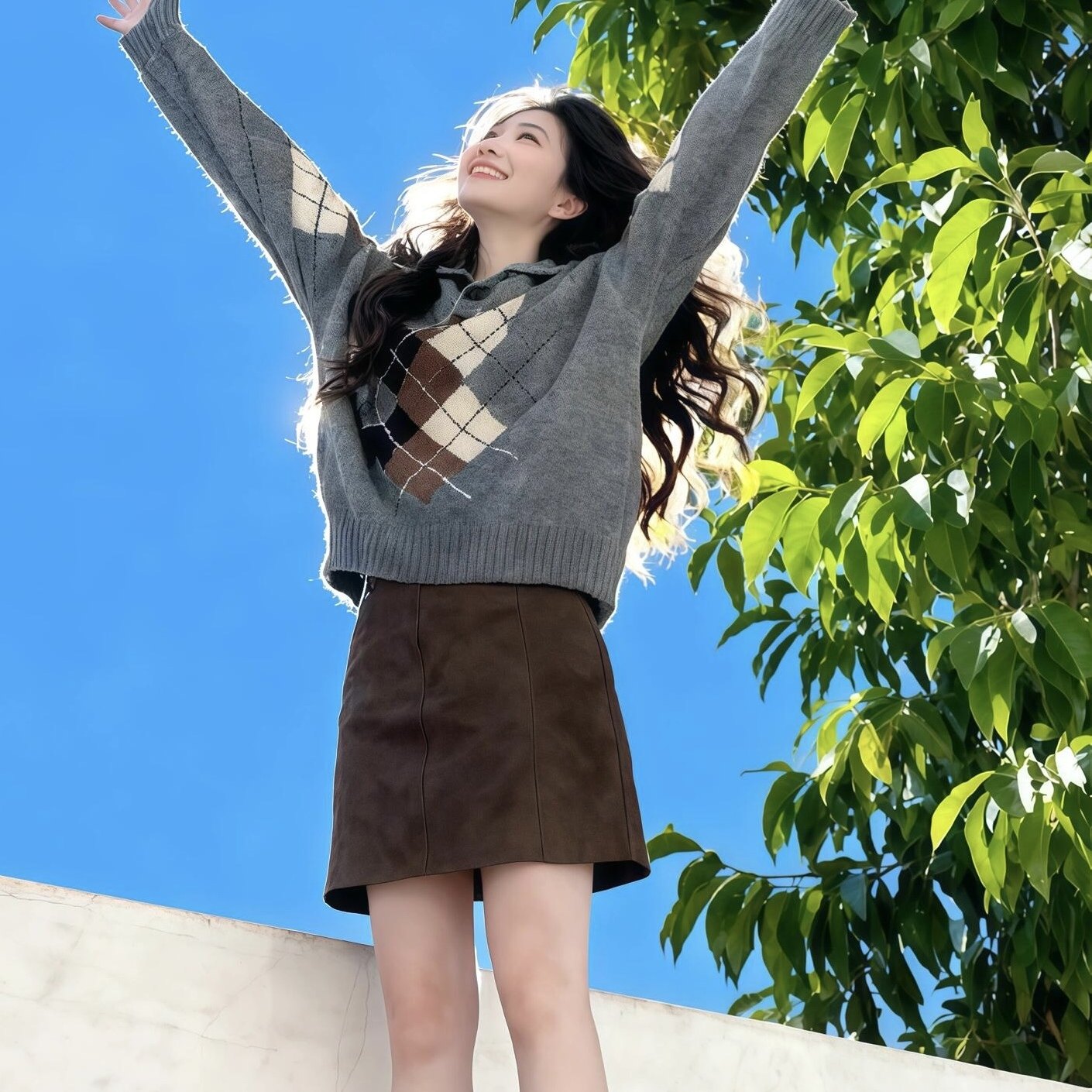 韩版学院风菱格翻领针织衫女灰色长袖软糯减龄百搭上衣Polo领小众