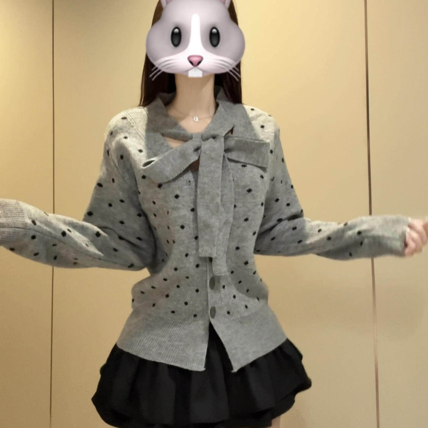 miu系千金风蝴蝶结灰色波点针织开衫女学院风小众设计感系带上衣