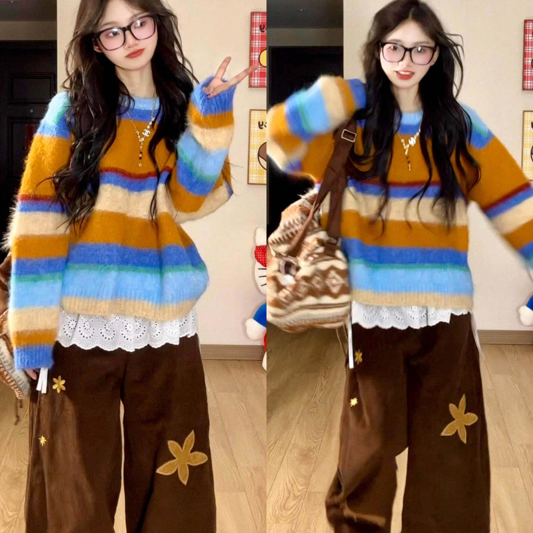 韩系多巴胺条纹毛衣女秋冬新款小个子内搭外穿慵懒针织衫上衣冬季