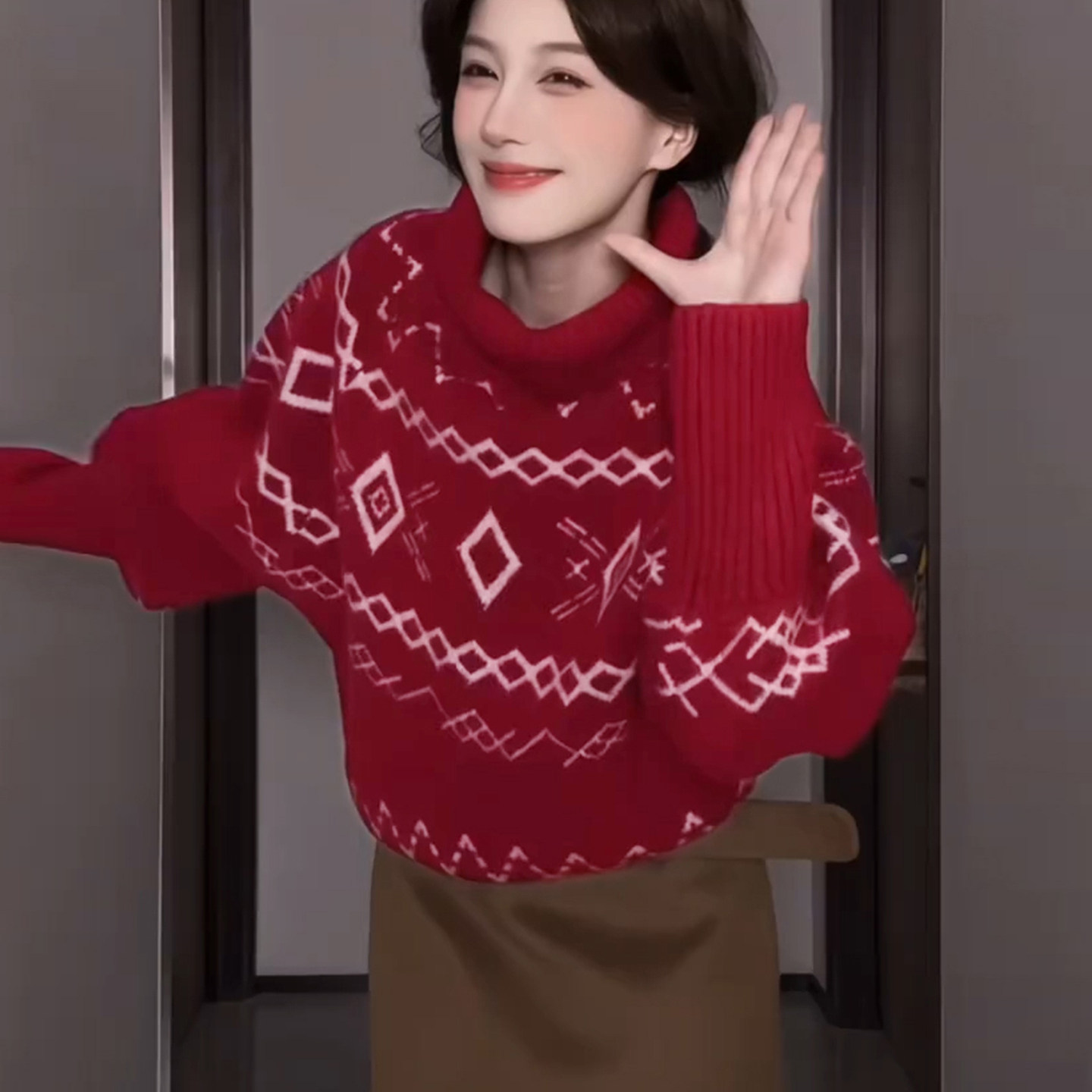 红色费尔岛圣诞穿搭高领毛衣女2025新款冬季松弛感套头针织衫上衣