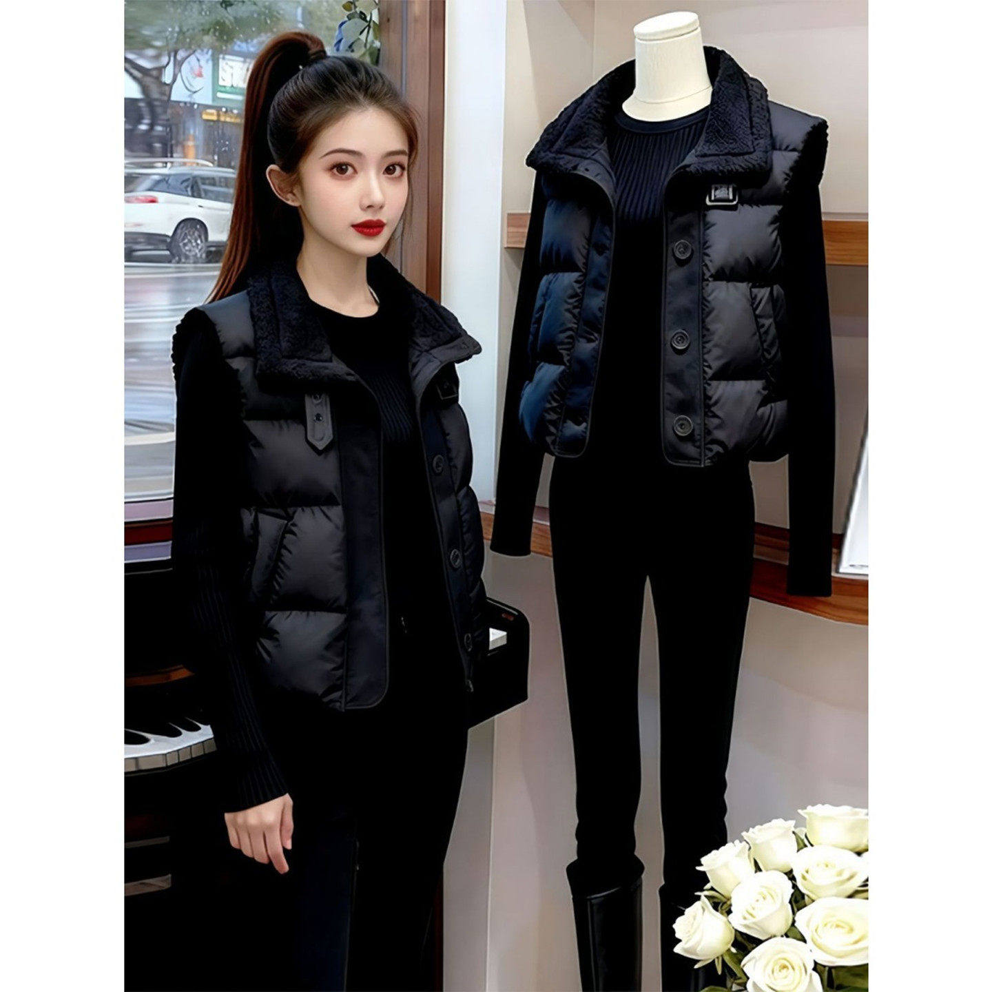 2025冬季大码女装拼接羊羔毛翻领羽绒棉服马甲女坎肩加厚马夹外套