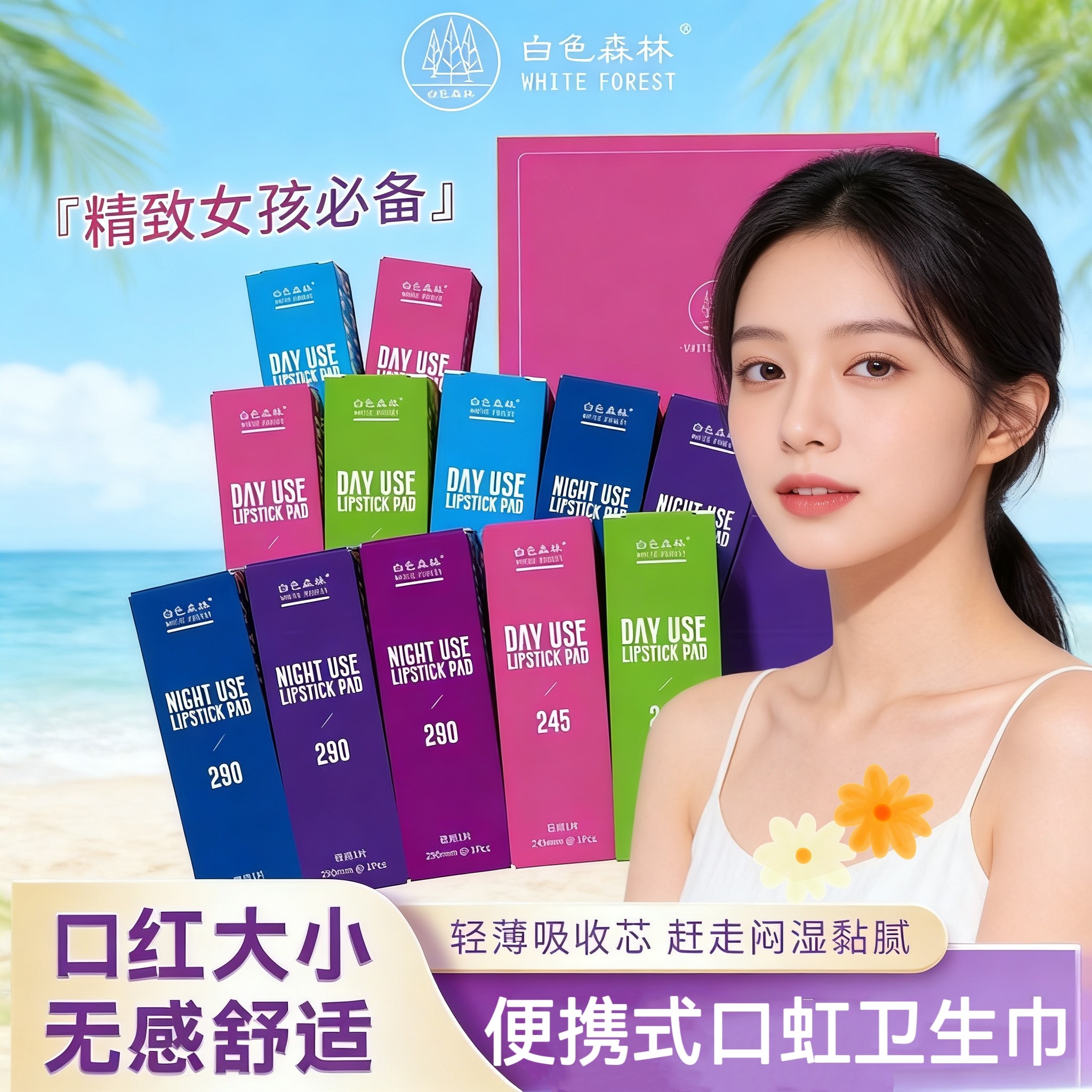 白色森林口红卫生巾日夜小巧方便卫生巾